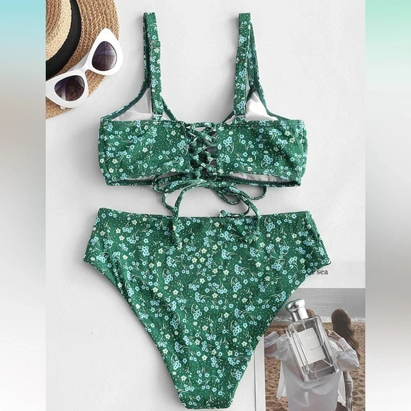 ZAFUL Floral Print Drawstring Two Piece Bikini Swimsuit High Waist Bathing Suit - Picture 7 of 8